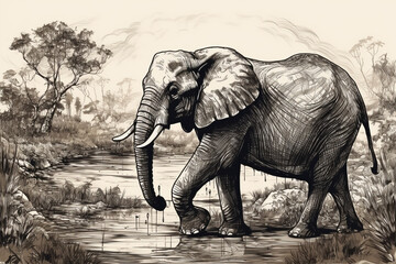 Hand drawn ink illustration of an elephant in its natural habitat. Generative AI.