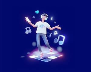 3d illustration of happy man with phone and headphones listening to music on color background with note. 3d render design of man character dancing with music note