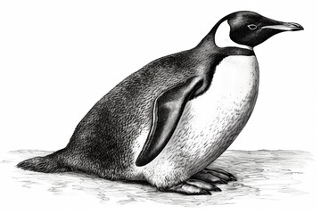 Hand drawn ink illustration of a emperor penguin in its natural habitat. Generative AI.