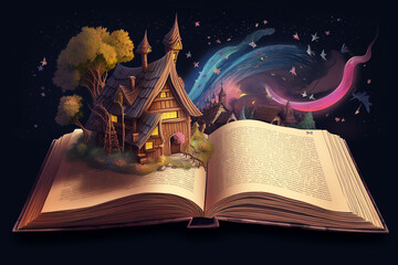 Naklejka premium Illustration of a magical book containing beautiful fantastic stories. Generative AI