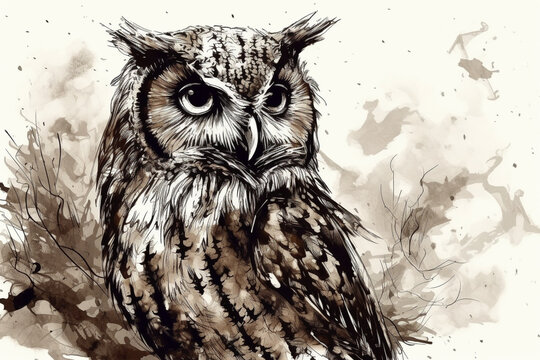 Hand drawn ink illustration of an owl in its natural habitat. Generative AI.