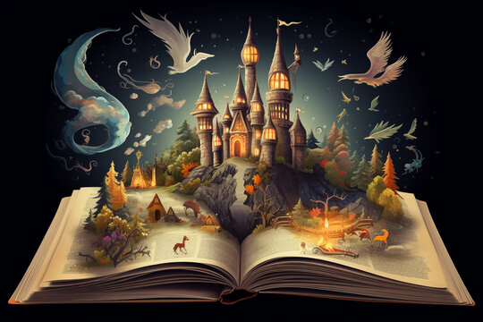 Illustration of a magical book containing beautiful fantastic stories. Generative AI