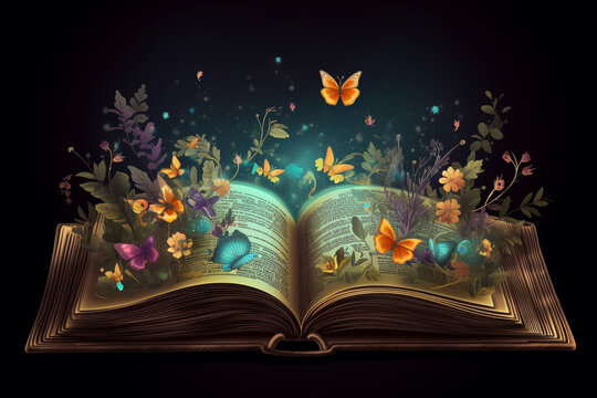 Illustration of a magical book containing beautiful fantastic stories. Generative AI