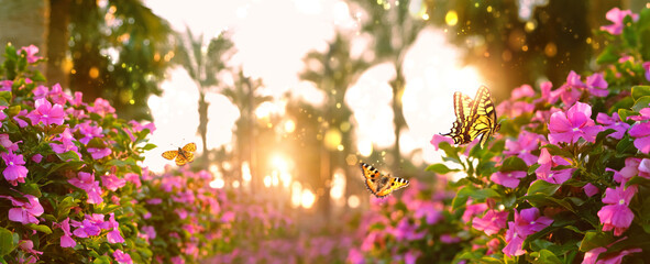 Blooming pink flowers periwinkle, beautiful flying butterflies in garden, blurred sunny natural...