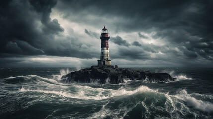 Illustration of a beautiful lighthouse in a dramatic storm. Generative AI