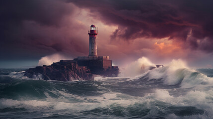 Illustration of a beautiful lighthouse in a dramatic storm. Generative AI