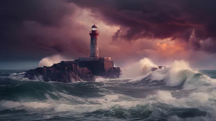 Foto op Plexiglas Illustration of a beautiful lighthouse in a dramatic storm. Generative AI © Mihai Zaharia