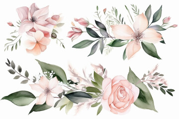 Hand drawn illustration of a watercolor pink flower with green leafs. Generative AI