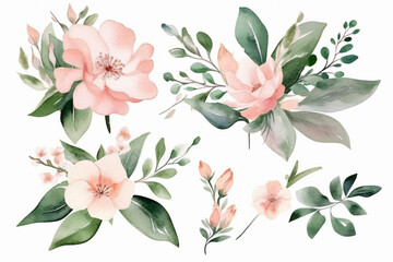 Hand drawn illustration of a watercolor pink flower with green leafs. Generative AI