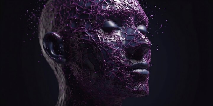 Deconstructed Posthuman AI Face Model Made of Particles, Generative AI