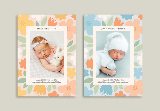 Baby Announcement Card with Pastel Floral Illustration
