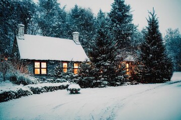 House with yellow lights surrounded by a forest on a snowy day.
Good for a desktop background.