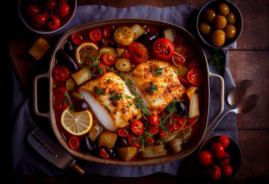 Portuguese Oven-Baked Cod With Tomato, Roasted Potatoes, Olives, And Red Pepper - A Hearty And Delicious Family Dinner Ai Generative. Generative AI