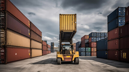 Container stacker crane lifting up stacking container box in yard, Container loading cargo freight in import and export business logistic company, Industry logistic. Generative AI.