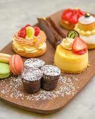 Selection of delish food such as cakes, pasta, burgers, cheese bread, sandwiches, and steak