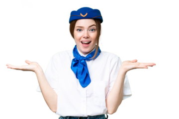 Airplane stewardess over isolated chroma key background with shocked facial expression