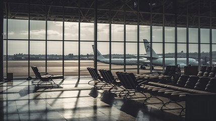 Obraz premium Empty airport terminal lounge with airplane on background. Generative AI.