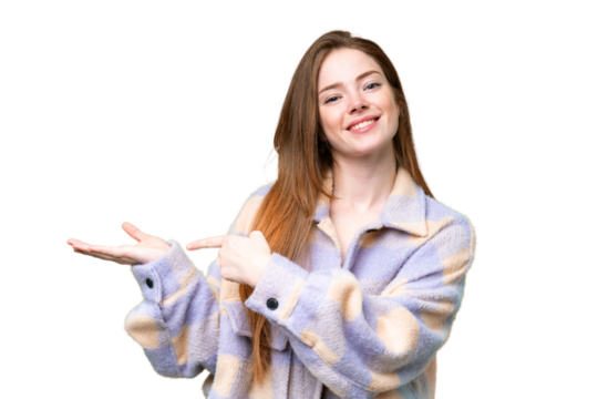 Young pretty woman over isolated chroma key background holding copyspace imaginary on the palm to insert an ad