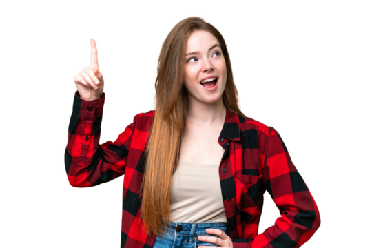 Young pretty woman over isolated chroma key background intending to realizes the solution while lifting a finger up