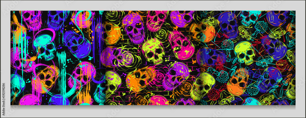 Poster psychedelic patterns with human skulls. grunge style of outline of objects. bright neon colors. text