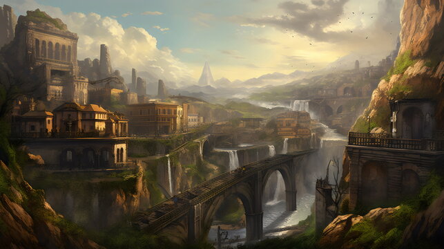 Painting of epic view from a mountaintop with waterfall and in the far distance there is a 1900s style city. genrative ai