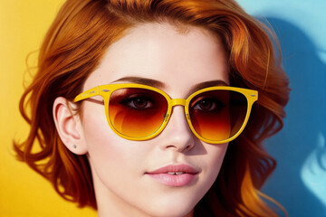 Portrait of a fashionable woman with ginger hair and sunglasses on yellow background. Generative AI.