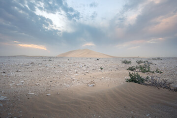 Fototapeta na wymiar one dune at the sunset and the rocky terrain around it, in the desert