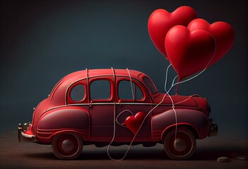 Heart balloons tied to toy car. Valentines day and love. Generative AI