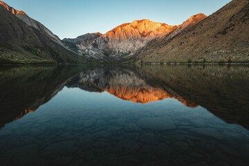 Beautiful shot of a lake reflecting the mountains surrounding it