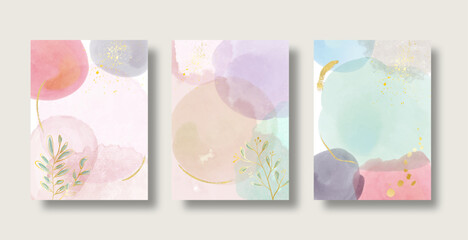 Watercolor art background vector. Wallpaper design with paint brush and gold line art. Editable