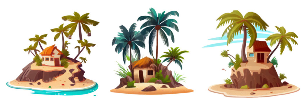 set vector illustration of island with palm tree and sandy coast isolated on white background