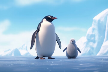 南極の氷の上を歩く可愛いペンギンの親子　Generative AI