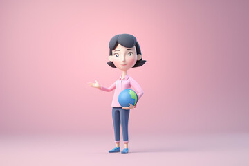 Digital illustration of a black short hair young lady holding a globe, a geography teacher, 3D rendering, pink background, Generative Ai.