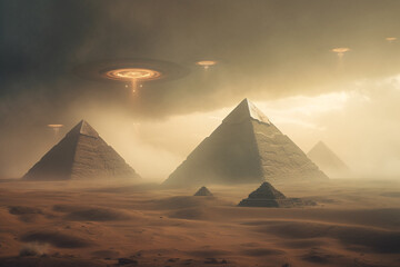 Sci-fi and fantasy concept. UFO and extraterrestrial ships flying over Egypt pyramids in desert during day time and sand storm. Generative AI