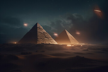 Fototapeta na wymiar Sci-fi and fantasy concept. UFO and extraterrestrial ships flying over Egypt pyramids in desert during night time and sand storm. Generative AI