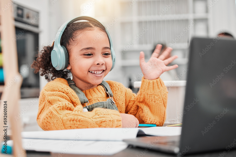 Poster Elearning, online class and child wave on a internet call with laptop and a smile. Education, computer and happy kid with technology for remote learning, studying and knowledge development with tech