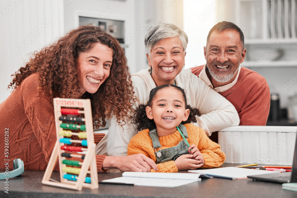 Wall mural Education, homework and portrait of happy family with child for helping, learning and lesson at home. Grandparents, parents and happy girl smile with notebook, educational toys and abacus for school