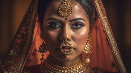 Portrait of beautiful Indian bride in national dress. Wedding wear sari, traditional makeup and jewelry. Generative AI. High quality illustration