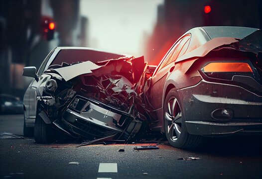 Cars crashed heavily in road accident after collision on city street. Road safety and insurance concept. Generative AI
