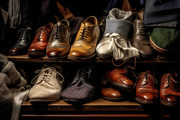 Used  Men's clothing, ties and shoes are stacked , ai generative