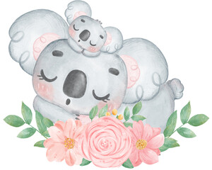 Cute Fuzzy-Eared Koala mother and baby with sweet flower banner Happy mother day watercolour whimsical Illustration