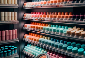 Fototapeta lot of colorful cosmetics, balms and creams on shelves in drugstore. Generative AI obraz