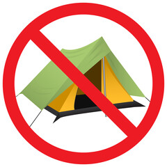 Sign no camping. Tourist tent icon. Forbidden symbol. Prohibition image of no camp allowed.