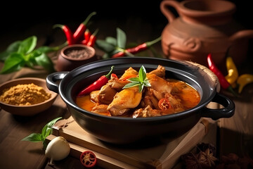 Spicy chicken curry Spices Thai Food Popular Menu. Generative AI