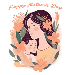 Happy Mother's Day Template Card Vector Illustration, Mother and Daughter Love, Family Love