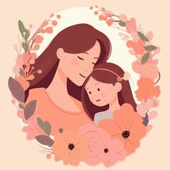 Happy Mother's Day Template Card Vector Illustration, Mother and Daughter Love, Family Love