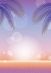 Fototapeta na wymiar Vector Tropical Resort Background At Sunrise Or Sunset With Palm Leaves. 