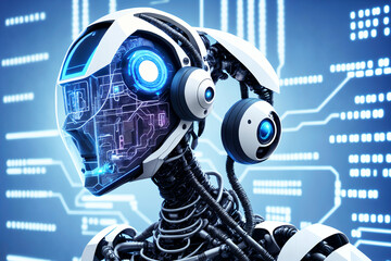 Blue and white artificial intelligence robot wit LED and Neon lights. High-tech cyborg android. Intelligent chat bot life form. Chat bot. Generative AI