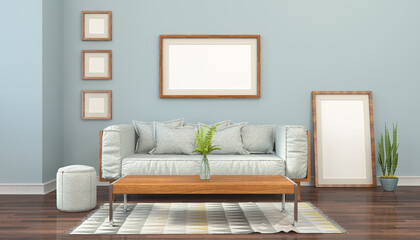Illustration - Skandinavisches, nordisches Wohnzimmer mit einer Couch, Tisch und einem Teppich - leere Bilderrahmen - Textfreiraum - Platzhalter