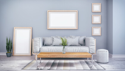Illustration - Skandinavisches, nordisches Wohnzimmer mit einer Couch, Tisch und einem Teppich - leere Bilderrahmen - Textfreiraum - Platzhalter - Retro Look